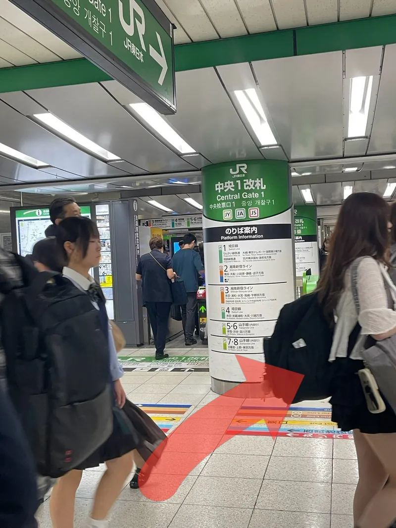 JR池袋駅 中央1改札の前。赤い矢印が進む方向を示している