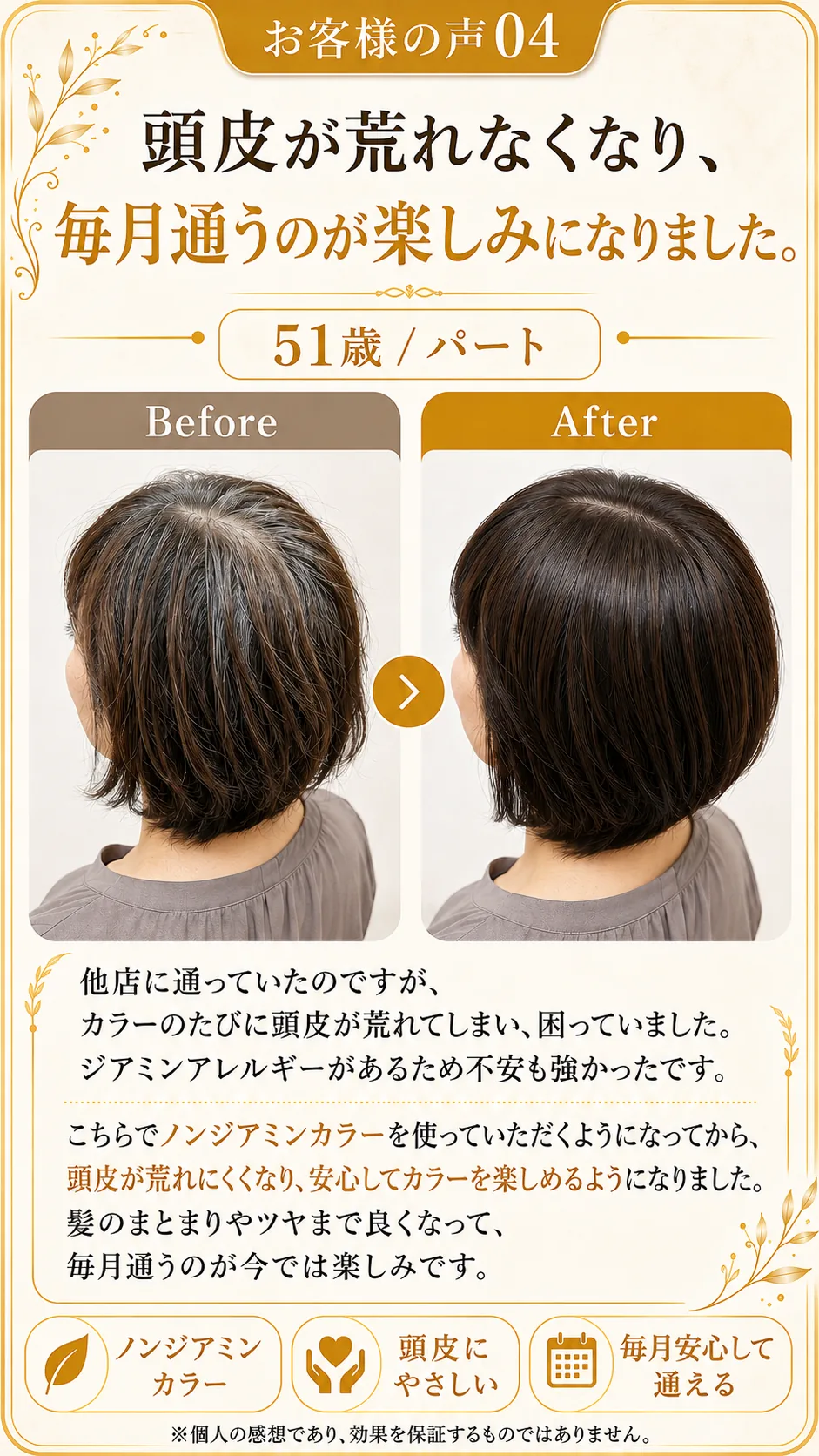お客様の声04。頭皮が荒れなくなり、毎月通うのが楽しみになりました。51歳・パート。ビフォーアフター写真。他店ではカラーのたびに頭皮が荒れてしまい、ジアミンアレルギーがあるため不安も強かったですが、ノンジアミンカラーを使っていただくようになってから頭皮が荒れにくくなり、安心してカラーを楽しめるようになりました。髪のまとまりやツヤまで良くなって、毎月通うのが今では楽しみです。ノンジアミンカラー・頭皮にやさしい・毎月安心して通える。※個人の感想であり、効果を保証するものではありません。