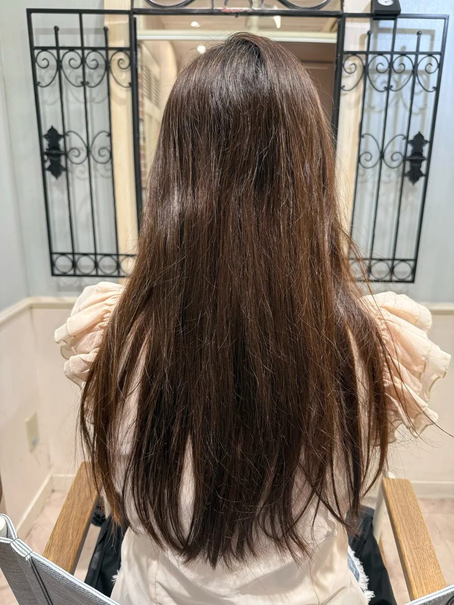 ビフォー。乾かしても広がりとパサつきが残り、毛先までまとまらない状態のロングヘア。