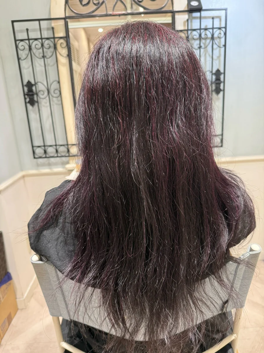 ビフォー。強いうねりと毛羽立ちで全体が広がり、表面がぼやけたワインレッド系のロングヘア。