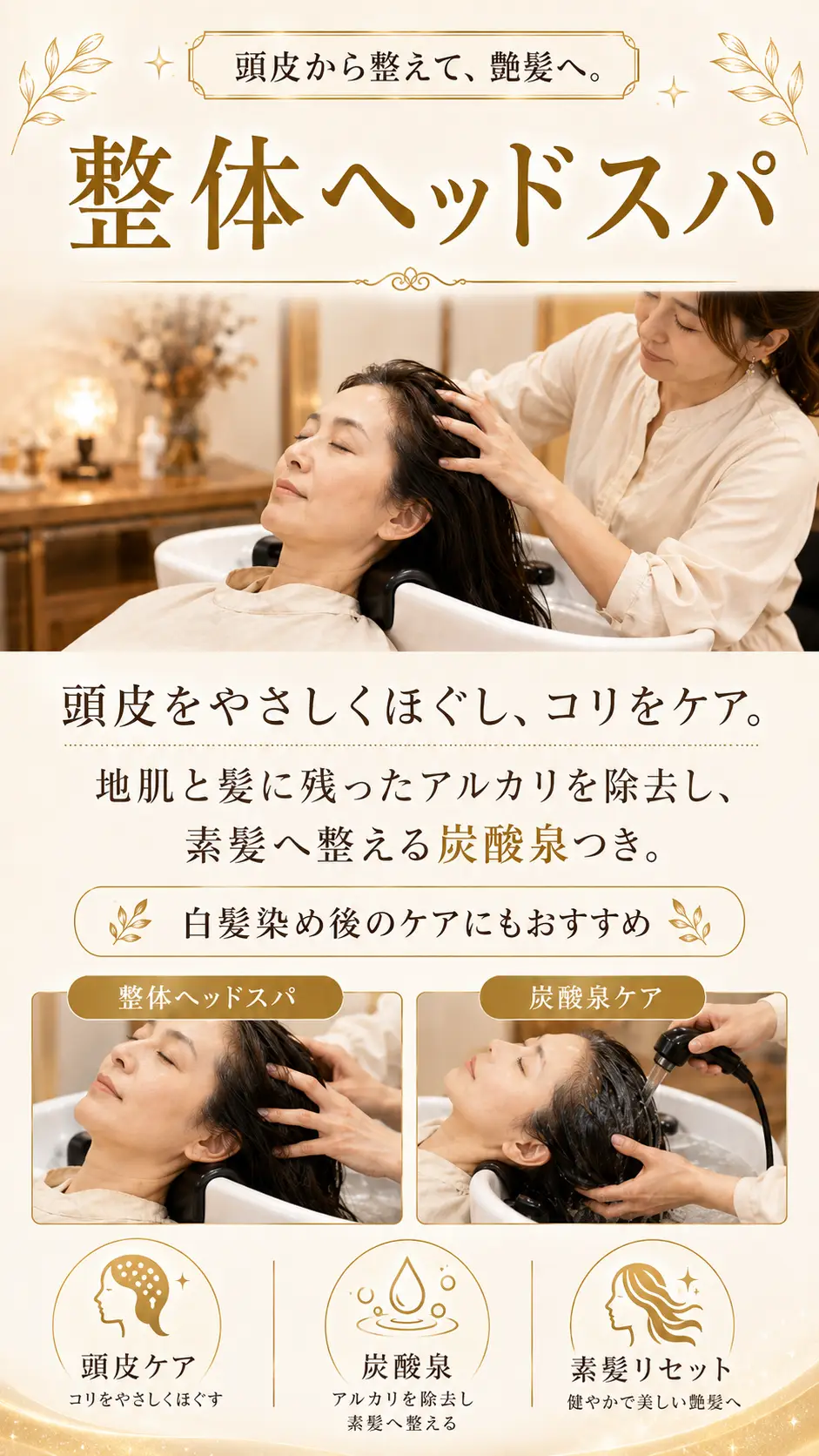 整体ヘッドスパ 頭皮から整えて艶髪へ 炭酸泉つき