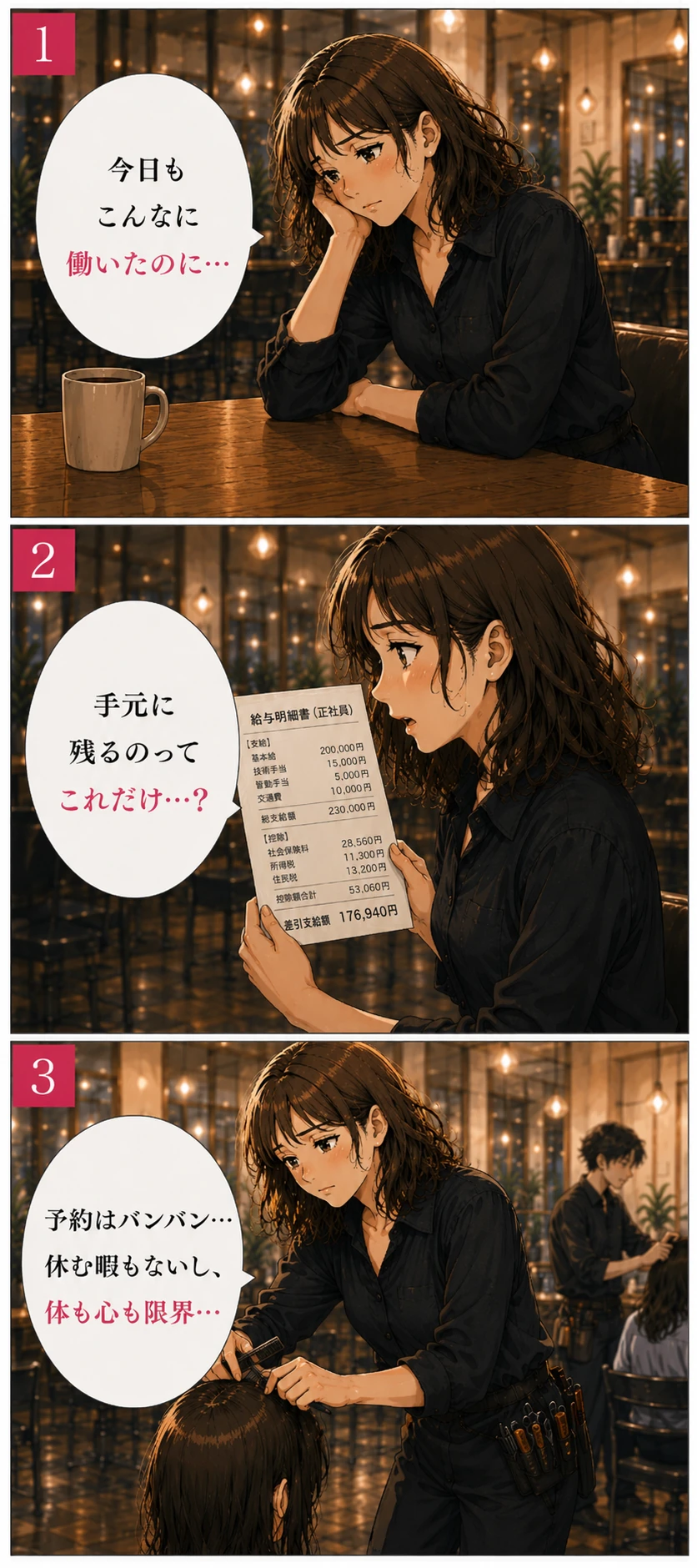 漫画1〜3：今日もこんなに働いたのに、手元に残るのはこれだけ。予約はパンパンで体も心も限界