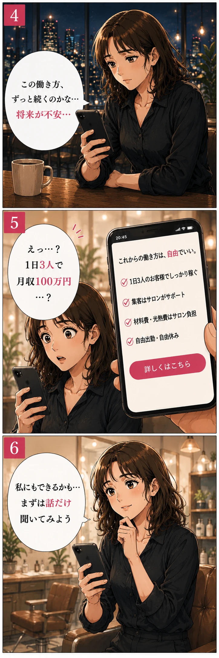 漫画4〜6：この働き方ずっと続くのかな。1日3人で月収100万円？私にもできるかも、まずは話だけ