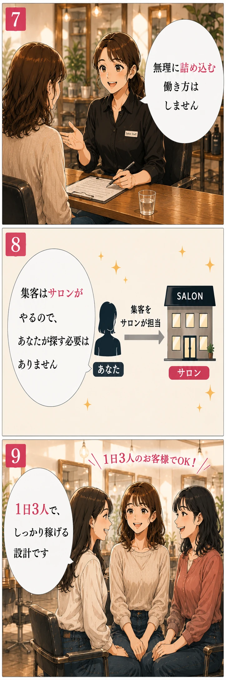 漫画7〜9：無理に詰め込む働き方はしない。集客はサロンが担当。1日3人でしっかり稼げる設計